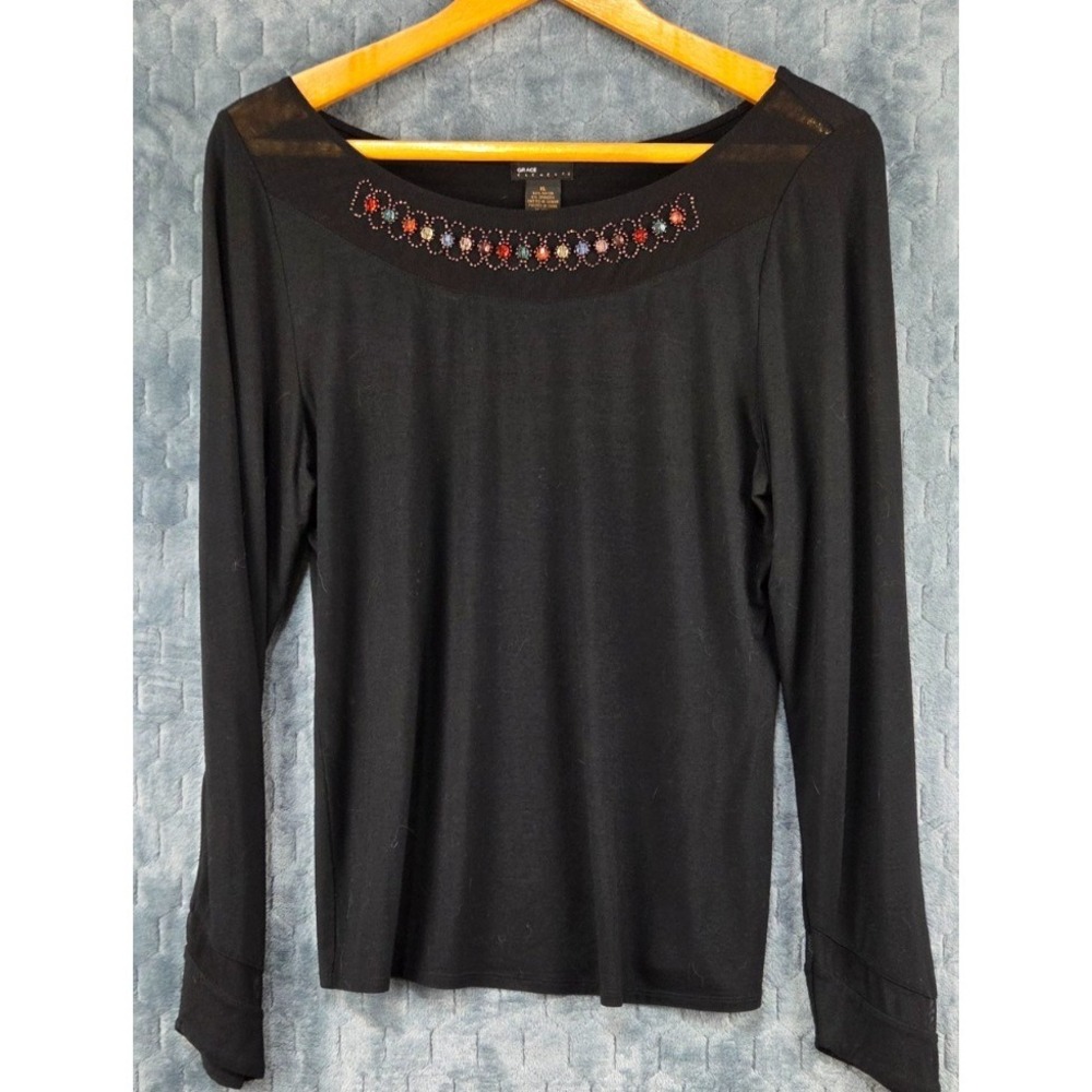 Grace Elements Black Long Sleeve Pullover Bling Sweater w/ Rhinestones Beaded XL
